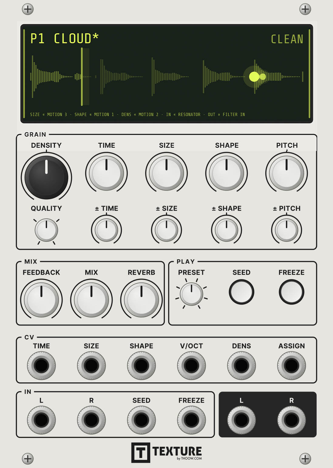 Texture in VCV Rack, 18 HP: tape-loop display with glowing grains